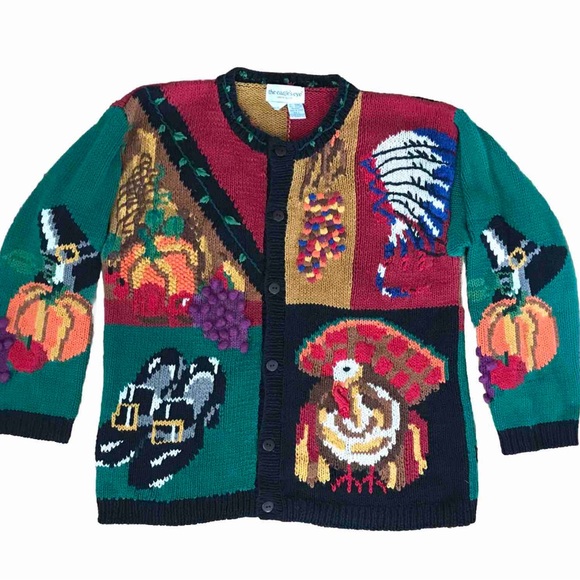 Vintage Thanksgiving Themed Cardigan The Eagles Eye Hand Embroidered Size Large - Picture 1 of 8